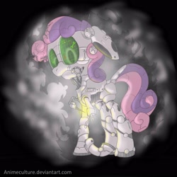 Size: 3000x3000 | Tagged: safe, artist:animeculture, imported from derpibooru, sweetie belle, pony, robot, robot pony, unicorn, blank flank, dock, female, filly, floppy ears, foal, hooves, horn, repairing, robot gore, solo, sweetie bot