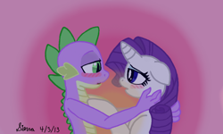 Size: 854x512 | Tagged: safe, artist:spleedoodlez, imported from derpibooru, rarity, spike, blushing, shipping, sparity