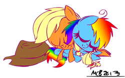 Size: 1024x643 | Tagged: safe, artist:mushroomcookiebear, imported from derpibooru, applejack, rainbow dash, appledash, cute, female, lesbian, shipping, sleeping