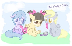 Size: 1043x665 | Tagged: safe, artist:catwhitney, imported from derpibooru, derpy hooves, wild fire, oc, oc:sleepy skies, filly, younger