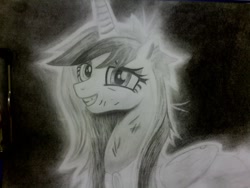 Size: 2048x1536 | Tagged: safe, artist:talon, imported from derpibooru, princess cadance, pony, charcoal (medium), charcoal drawing, dirty, female, grin, messy mane, photo, smiling, solo, traditional art