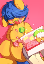 Size: 782x1132 | Tagged: safe, artist:zonkpunch, imported from derpibooru, oc, oc only, oc:lemonpuffs, pony, bhm, chubby, cream puff (food), fat, food, messy, pov