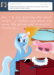 Size: 657x909 | Tagged: safe, artist:ask-twixie, imported from derpibooru, trixie, ask, magic, saddle