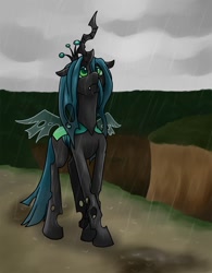 Size: 1500x1926 | Tagged: safe, artist:mrs1989, imported from derpibooru, queen chrysalis, changeling, changeling queen, crown, female, jewelry, rain, regalia, sad