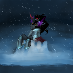 Size: 1000x1000 | Tagged: safe, artist:peachiekeenie, imported from derpibooru, king sombra, pony, fort, male, snow, solo, unamused