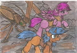 Size: 1280x897 | Tagged: safe, artist:zubias, imported from derpibooru, oc, oc only, oc:evening breeze, oc:tripwire, pegasus, pony, unicorn, fallout equestria, female, mare, scared, younger