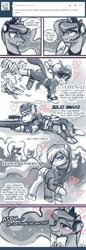 Size: 550x1608 | Tagged: safe, artist:johnjoseco, imported from derpibooru, princess luna, alicorn, pony, zombie, ask princess molestia, gamer luna, blushing, capcom, chun li, clothes, comic, fangasm, gun, heart, kick, konami, leon s. kennedy, leon scott kennedy, metal gear, pantyhose, solid snake, tumblr