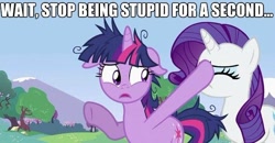 Size: 588x305 | Tagged: safe, edit, edited screencap, imported from derpibooru, screencap, rarity, twilight sparkle, lesson zero, caption, duo, duo female, female, image macro, messy mane, reaction image, twilight snapple