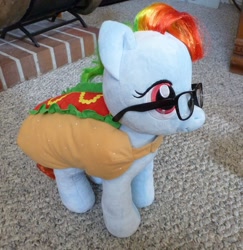 Size: 1280x1318 | Tagged: safe, artist:spiderjewel, imported from derpibooru, rainbow dash, build-a-bear, glasses, hot dog, irl, photo, plushie, rainbow dork, stormy stripes, toy