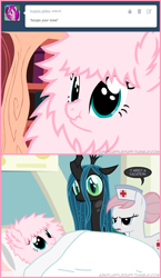 Size: 660x1140 | Tagged: safe, artist:mixermike622, imported from derpibooru, nurse redheart, queen chrysalis, oc, oc:fluffle puff, tumblr:ask fluffle puff, ask, boop, fluffy, hospital, scrunchy face, tumblr