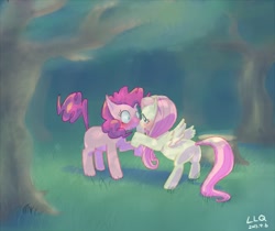 Size: 700x588 | Tagged: safe, artist:llq, imported from derpibooru, fluttershy, pinkie pie, earth pony, pegasus, pony, blushing, butt, female, flutterpie, lesbian, mare, plot, shipping