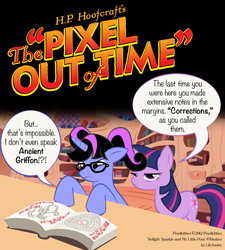 Size: 1800x2000 | Tagged: safe, artist:deeptriviality, imported from derpibooru, twilight sparkle, oc, oc:pixelkitties, book, glasses, lovecraft, parody