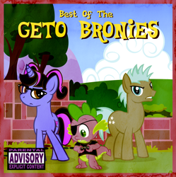 Size: 1000x1004 | Tagged: safe, artist:pixelkitties, imported from derpibooru, spike, twilight sky, oc, oc:pixelkitties, earth pony, pony, unicorn, album cover, background pony, eyepatch, female, geto boys, glasses, male, mare, parental advisory, parody, ponysona, stallion