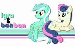 Size: 1440x900 | Tagged: safe, artist:eklipse13, artist:sierraex, imported from derpibooru, bon bon, lyra heartstrings, sweetie drops, earth pony, pony, unicorn, duo, sitting, sitting lyra, wallpaper