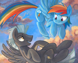 Size: 855x689 | Tagged: safe, artist:kenket, artist:spainfischer, imported from derpibooru, rainbow dash, thunderlane, pegasus, pony, backwards cutie mark, cloud, duo, female, looking at each other, male, mare, open mouth, sky, smiling, stallion