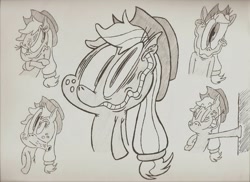 Size: 2338x1700 | Tagged: safe, artist:nocturnalmeteor, imported from derpibooru, applejack, earth pony, pony, .mov, applejack's hat, bipedal, bipedal leaning, cowboy hat, crossed hooves, eyes closed, female, frown, grayscale, hat, leaning, mare, monochrome, pony.mov, smiling, solo, wavy mouth