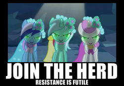 Size: 650x450 | Tagged: safe, artist:grumbeerkopp, edit, edited screencap, imported from derpibooru, screencap, lyra heartstrings, minuette, twinkleshine, a canterlot wedding, crystal caverns, image macro, join the herd, reaction image, resistance is futile, royal wedding