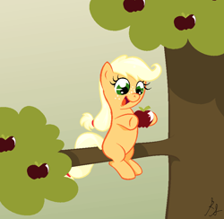 Size: 822x802 | Tagged: safe, artist:xxthatsmytypexx, imported from derpibooru, applejack, apple, filly, obligatory apple, tree, younger