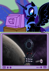 Size: 820x1201 | Tagged: safe, imported from derpibooru, nightmare moon, exploitable meme, hub logo, moon, space bridge, the nemesis, transformers, transformers prime, tv meme