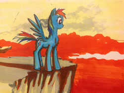 Size: 855x639 | Tagged: safe, artist:kiriall, imported from derpibooru, rainbow dash, pegasus, chest fluff, female, fluffy, full body, side view, solo, standing, sunset, traditional art, wings extended