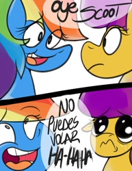 Size: 900x1165 | Tagged: safe, imported from derpibooru, rainbow dash, scootaloo, scootabuse, spanish, translated in the comments, trolling