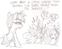 Size: 856x678 | Tagged: safe, artist:skutchi, imported from derpibooru, princess celestia, princess luna, twilight sparkle, twilight sparkle (alicorn), alicorn, pony, female, mare, monochrome