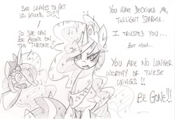 Size: 1272x870 | Tagged: safe, artist:skutchi, imported from derpibooru, princess celestia, princess luna, twilight sparkle, twilight sparkle (alicorn), alicorn, pony, female, mare, monochrome