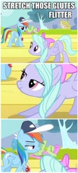 Size: 435x960 | Tagged: safe, imported from derpibooru, flitter, merry may, rainbow dash, bedroom eyes, image macro, stretching