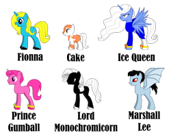 Size: 1740x1370 | Tagged: safe, artist:amx-269, imported from derpibooru, alicorn, bat pony, pony, pony creator, adventure time, bat wings, cake, cake the cat, finn the human, fionna, fionna the human, ice king, ice queen, jake the dog, lady rainicorn, lord monochromicorn, marceline, marshall lee, ponified, prince gumball, princess bubblegum, quality, rule 63, wat