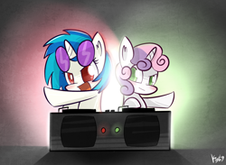 Size: 1500x1100 | Tagged: safe, artist:kty159, imported from derpibooru, dj pon-3, sweetie belle, vinyl scratch, turntable