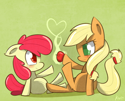 Size: 1600x1300 | Tagged: safe, artist:kty159, imported from derpibooru, apple bloom, applejack, apple, blank flank, missing accessory