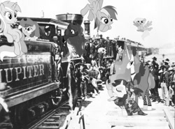 Size: 600x444 | Tagged: safe, imported from derpibooru, apple bloom, derpy hooves, lyra heartstrings, princess celestia, princess luna, rainbow dash, rarity, human, irl, irl human, locomotive, monochrome, photo, ponies in real life, saloon dress, train, transcontinental railroad