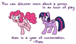 Size: 1500x876 | Tagged: safe, artist:serenamidori, imported from derpibooru, pinkie pie, twilight sparkle, alicorn, pony, female, mare, plato, quote, twilight sparkle (alicorn)