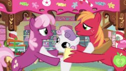 Size: 500x281 | Tagged: safe, imported from derpibooru, screencap, big macintosh, cheerilee, sweetie belle, earth pony, pony, hearts and hooves day (episode), animated, bipedal, cheerimac, eye contact, female, filly, foal, frown, gritted teeth, hearts and hooves day, hoofy-kicks, loop, male, mare, sad, shipping, smiling, stallion, straight, sugarcube corner, talking