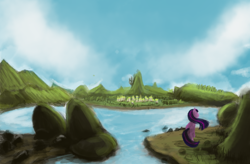 Size: 2900x1900 | Tagged: safe, artist:hierozaki, imported from derpibooru, twilight sparkle, canterlot, female, scenery, solo, water, windswept mane