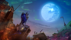 Size: 1250x703 | Tagged: safe, artist:vest, imported from derpibooru, oc, oc only, aurora borealis, blue moon, fire, glasses, mare in the moon, moon, night, night sky, observer, prone, scenery, sky, solo