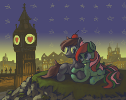 Size: 2000x1600 | Tagged: safe, artist:docwario, imported from derpibooru, oc, oc only, big ben, clock tower, elizabeth tower, england, female, london, male, shipping, straight, westminster