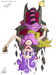 Size: 1100x1467 | Tagged: safe, artist:rinikka, imported from derpibooru, screwball, human, baseball, chaos, chocolate milk, female, floating, hat, humanized, propeller hat, solo, swirly eyes, throne, upside down