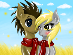 Size: 680x512 | Tagged: safe, artist:silvercommando, imported from derpibooru, derpy hooves, doctor whooves, time turner, pegasus, pony, blushing, clothes, doctorderpy, female, field, heart eyes, male, mare, scarf, shared clothing, shared scarf, shipping, straight, wingding eyes