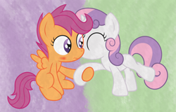 Size: 2500x1600 | Tagged: safe, artist:qazwsxedc15, imported from derpibooru, scootaloo, sweetie belle, blushing, female, kissing, lesbian, scootabelle, shipping