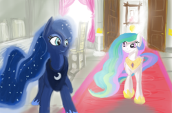 Size: 2900x1900 | Tagged: safe, artist:hierozaki, imported from derpibooru, princess celestia, princess luna, duo, front view, full body, looking at each other, looking at someone, royal sisters, siblings, sisters, smiling, smiling at each other