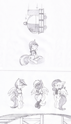 Size: 1166x2044 | Tagged: safe, artist:joey darkmeat, imported from derpibooru, derpy hooves, fluttershy, rainbow dash, twilight sparkle, pegasus, pony, bomb, female, heavy, mare, medic, meet the pyro, monochrome, parody, pyro, soldier, team fortress 2, traditional art