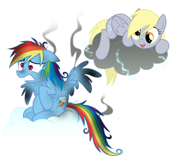 Size: 2800x2600 | Tagged: safe, artist:equestria-prevails, imported from derpibooru, derpy hooves, rainbow dash, pegasus, pony, cloud, duo, electrocution, female, lightning, mare, simple background, smoke, transparent background