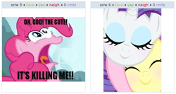 Size: 529x281 | Tagged: safe, imported from derpibooru, fluttershy, pinkie pie, rarity, caption, cute, exploitable meme, juxtaposition, juxtaposition win, meta