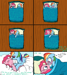 Size: 1280x1438 | Tagged: safe, artist:kristelpokemonfan, imported from derpibooru, pinkie pie, rainbow dash, bed, blushing, caught, comic, cuddling, cute, dream, female, hug, kissing, lesbian, pinkiedash, shipping, sleepover, smiling, snuggling, x3