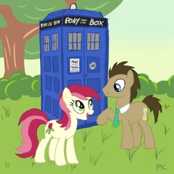 Size: 1000x1000 | Tagged: safe, artist:pappkarton, imported from derpibooru, doctor whooves, roseluck, time turner, earth pony, pony, crossover, doctor who, doctorrose, duo, female, male, necktie, shipping, straight, tardis, the doctor