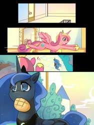 Size: 750x1000 | Tagged: safe, artist:bakki, imported from derpibooru, princess cadance, princess luna, oc, oc:mirror gleam, bread, comic, disguised baby changeling, melon bread