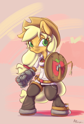 Size: 850x1250 | Tagged: safe, artist:alasou, imported from derpibooru, applejack, anthro, unguligrade anthro, female, gauntlet, shield, solo