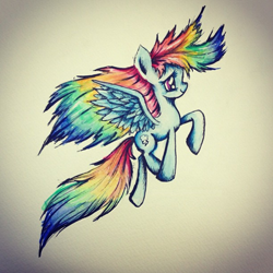 Size: 612x612 | Tagged: safe, artist:fourteenarrows, imported from derpibooru, rainbow dash, alternate hairstyle, full body, side view, solo, spread wings, traditional art, wings
