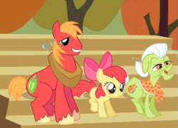 Size: 575x413 | Tagged: safe, imported from derpibooru, screencap, apple bloom, big macintosh, granny smith, earth pony, pony, fall weather friends, animated, male, mexican wave pony style, stallion